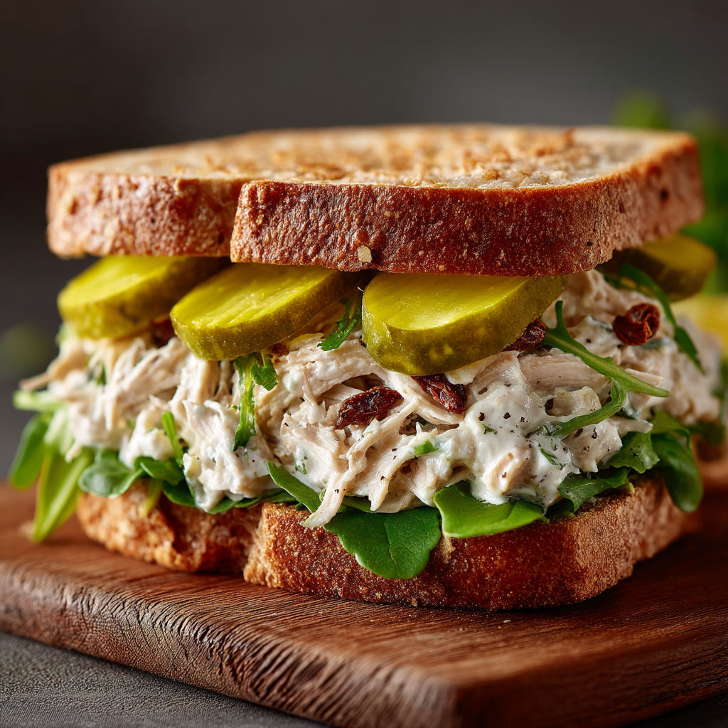 A sandwich with lettuce, pickles, and chicken.