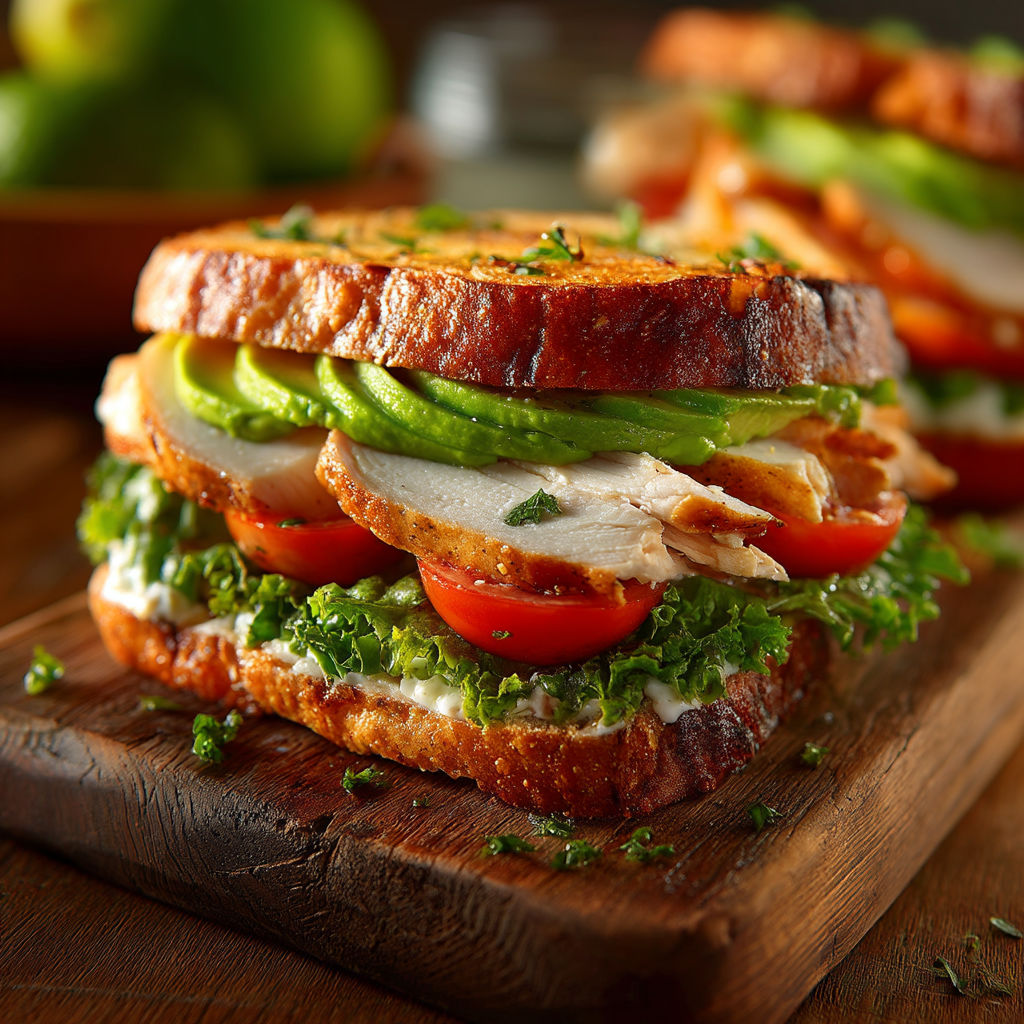 A sandwich with chicken, avocado, and tomato on a wooden board.