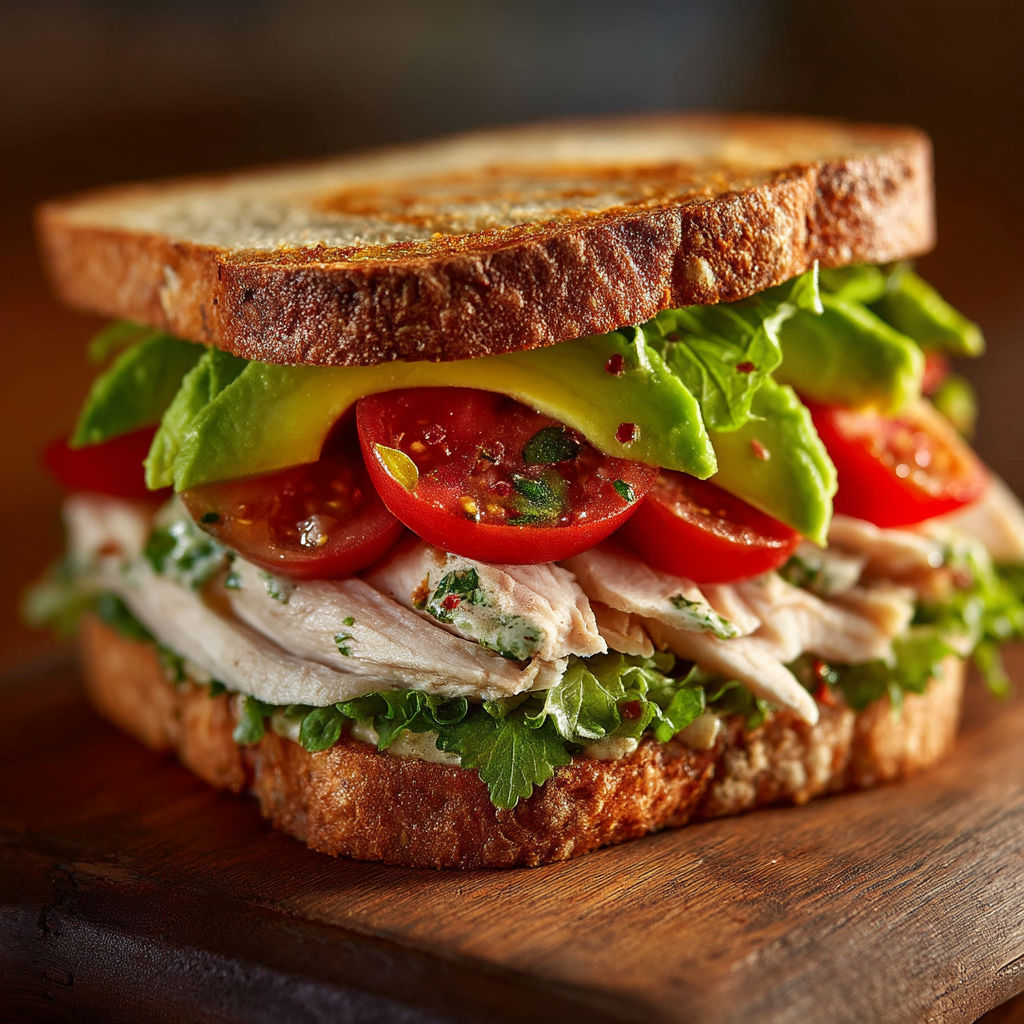 A sandwich with chicken, avocado, and tomato.
