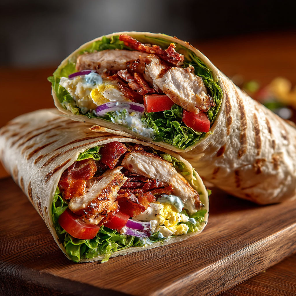 A wrap façon salade Cobb is on a wooden table.