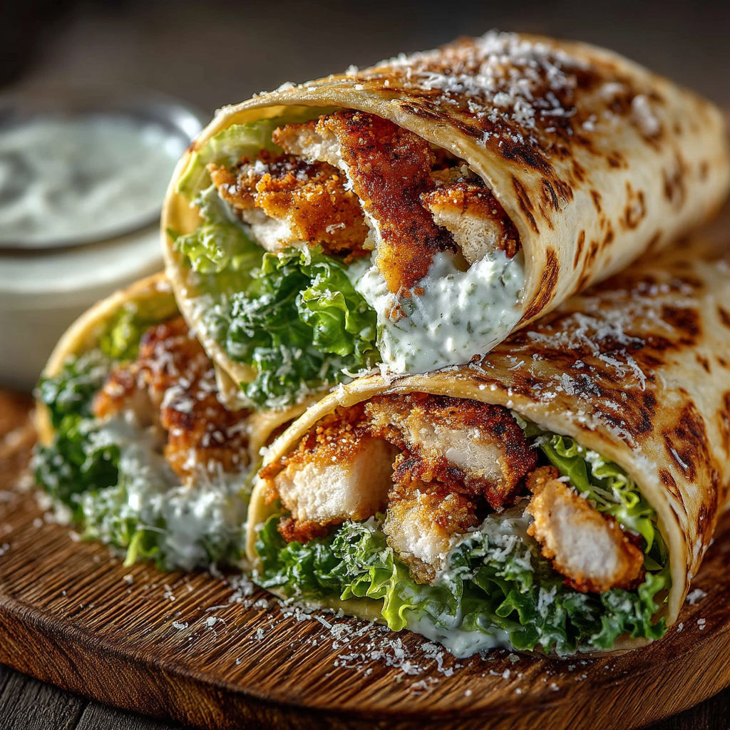 A wrap façon salade césar is on a wooden table.