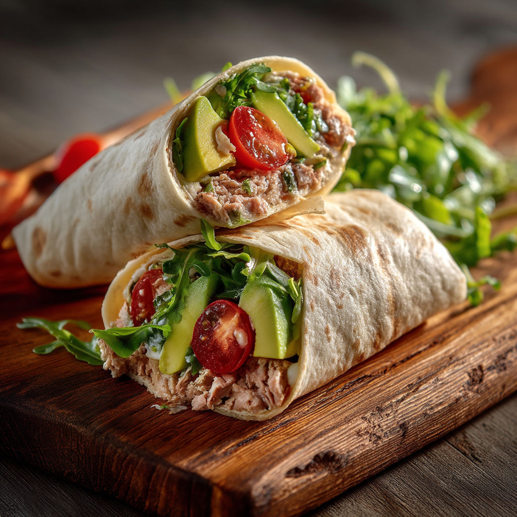 A wrap with meat and vegetables on a wooden board.