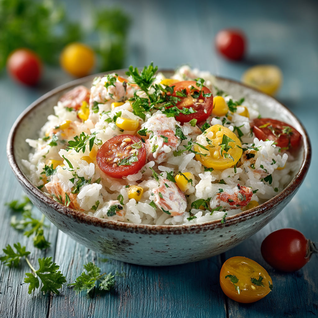 A bowl of rice with tomatoes, corn, and herbs.