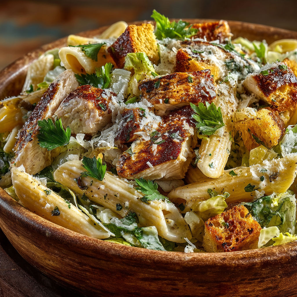 A bowl of pasta with chicken and vegetables.