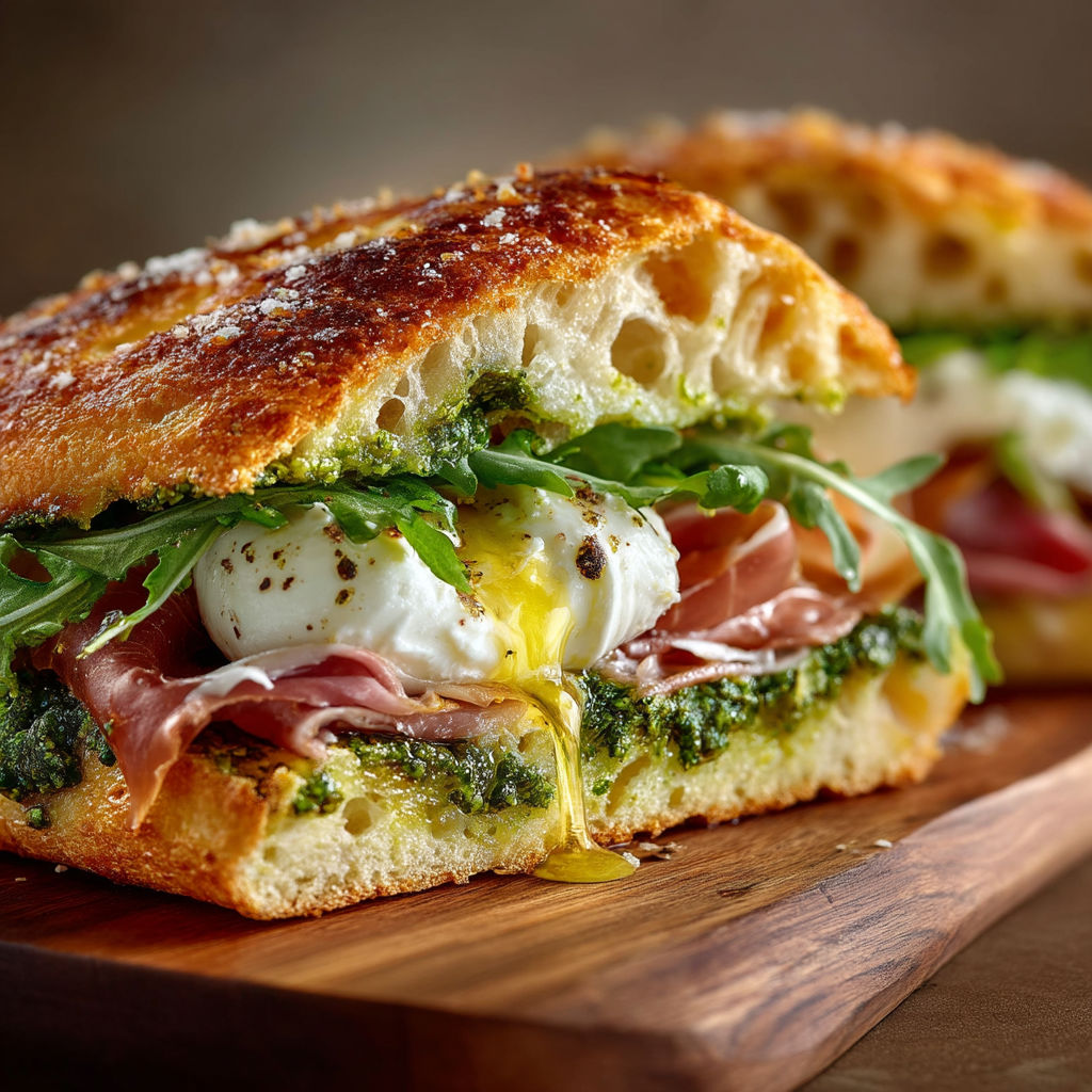 A sandwich with meat, eggs, and greens.