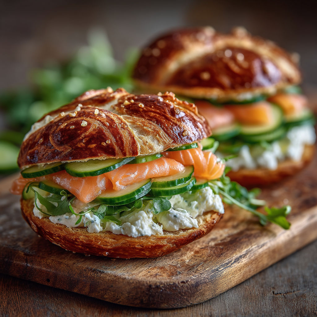 A sandwich with cucumber, salmon, and cheese.