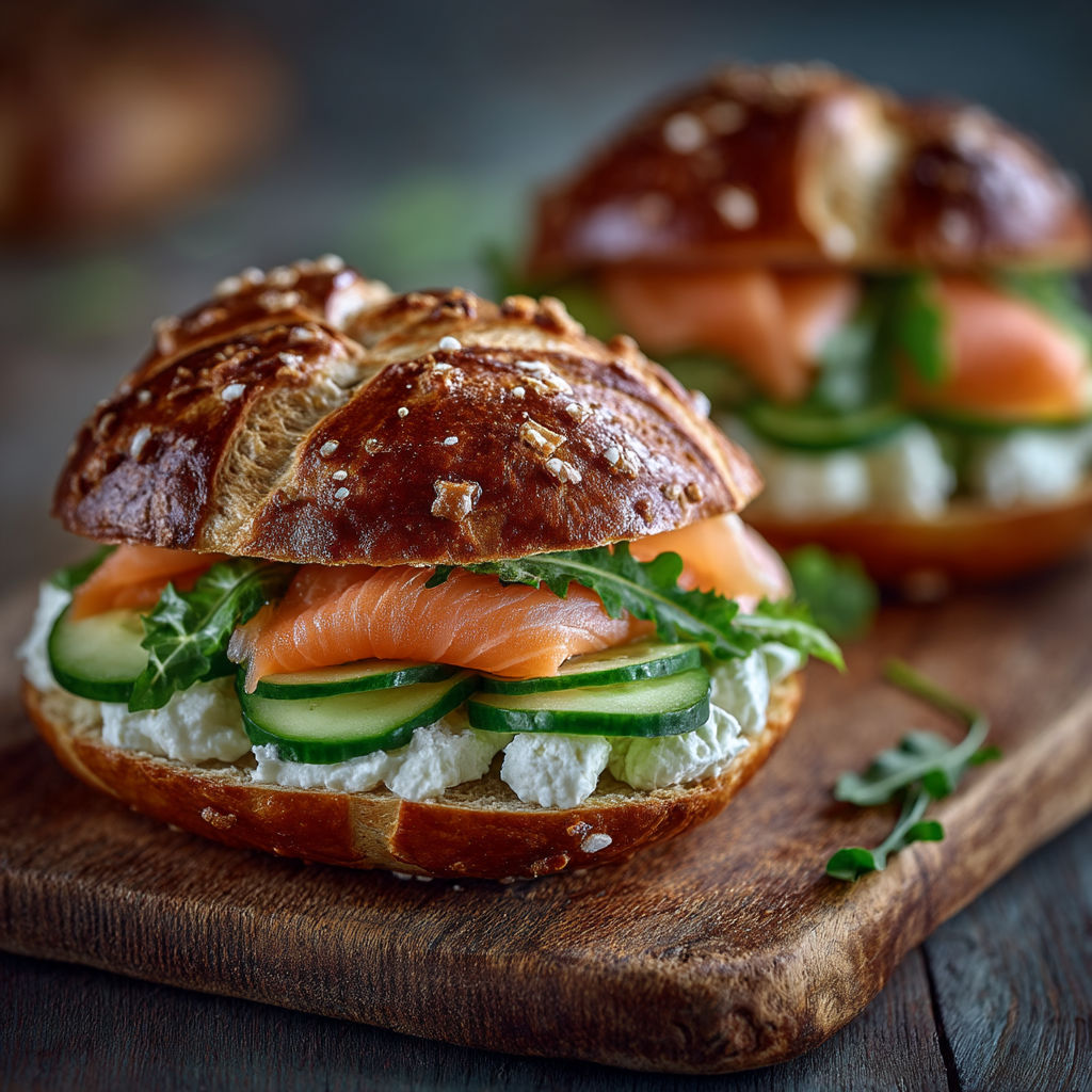 Two sandwiches with cucumbers and salmon on a wooden table.