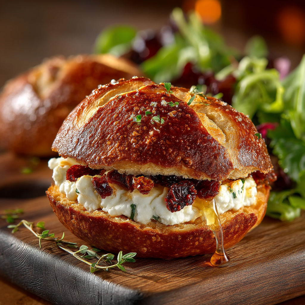 A sandwich with meat and cheese on a wooden table.