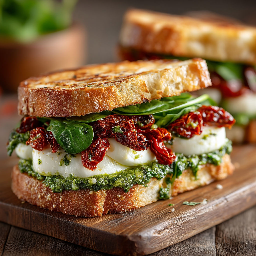 A sandwich with tomatoes, mozzarella, and pesto.
