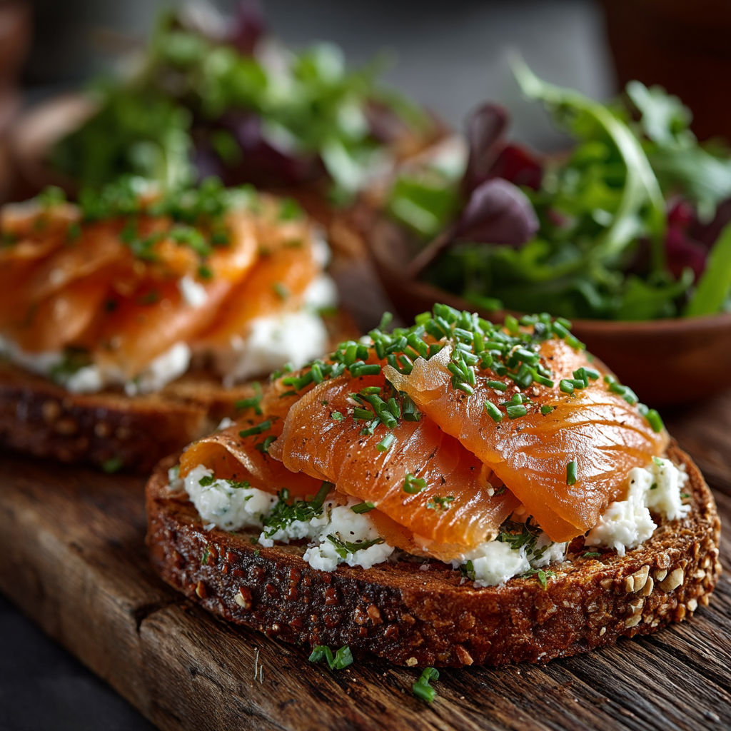 A slice of bread with salmon and cheese on top.