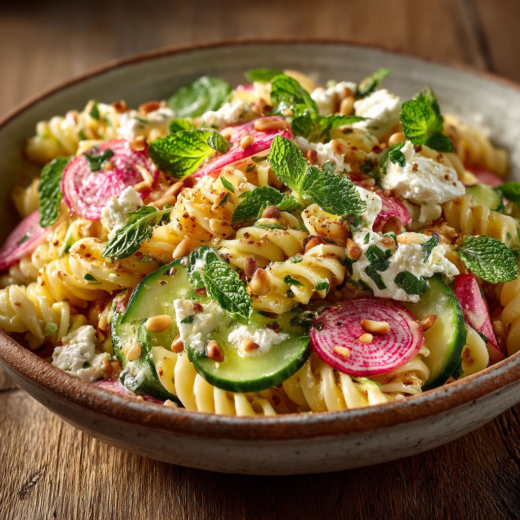A bowl of pasta salad with cucumbers, radishes, mint, and feta cheese.