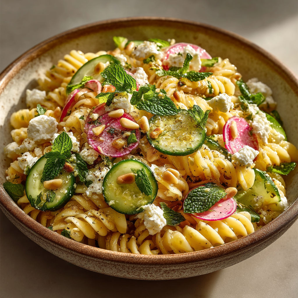 A bowl of pasta with vegetables and cheese.