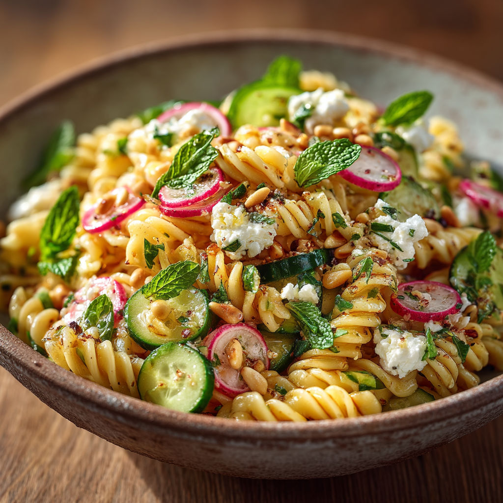 A bowl of pasta with vegetables.