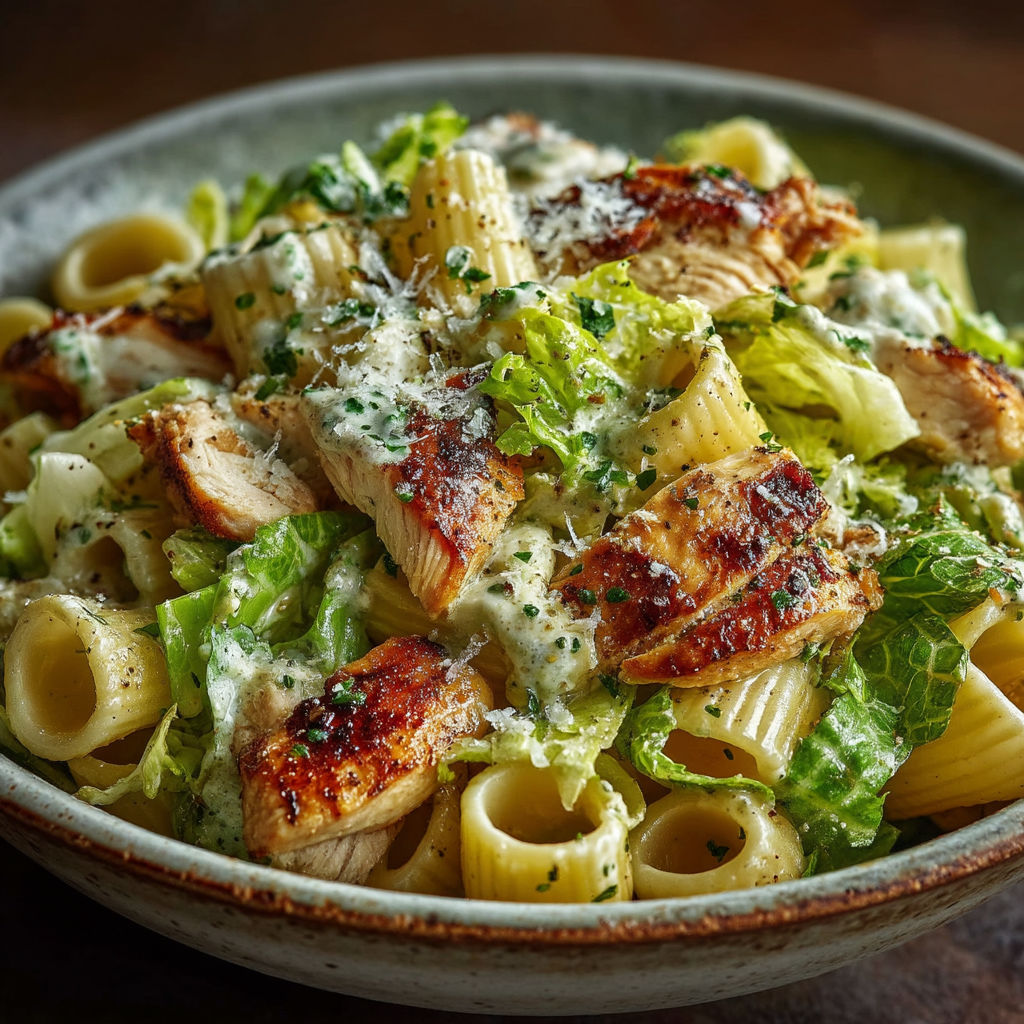 A bowl of salad with chicken, pasta, and parmesan cheese.