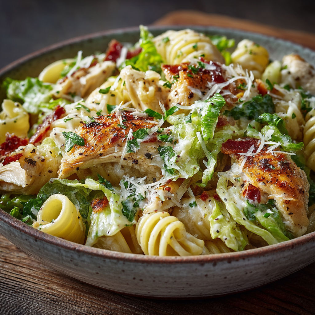 A bowl of pasta, chicken, and parmesan cheese.
