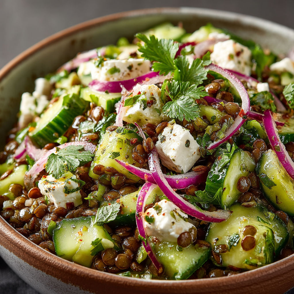 A bowl of salad with lentils, cucumbers, and feta cheese.