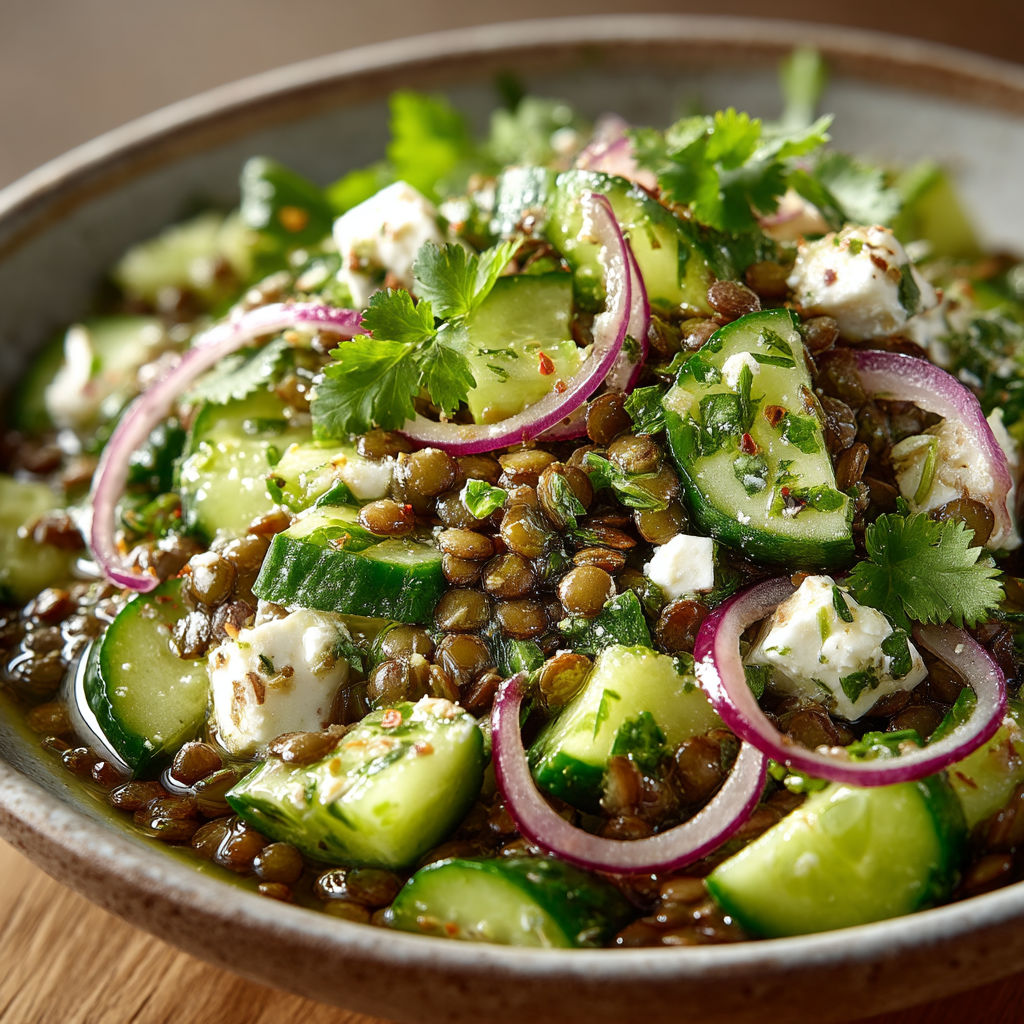 A bowl of food with cucumbers, onions, and feta cheese.