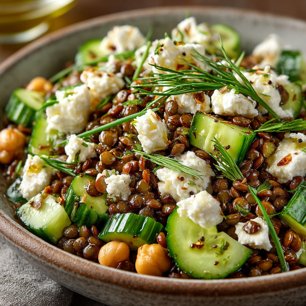 A bowl of salad with lentils, cucumbers, and feta cheese.
