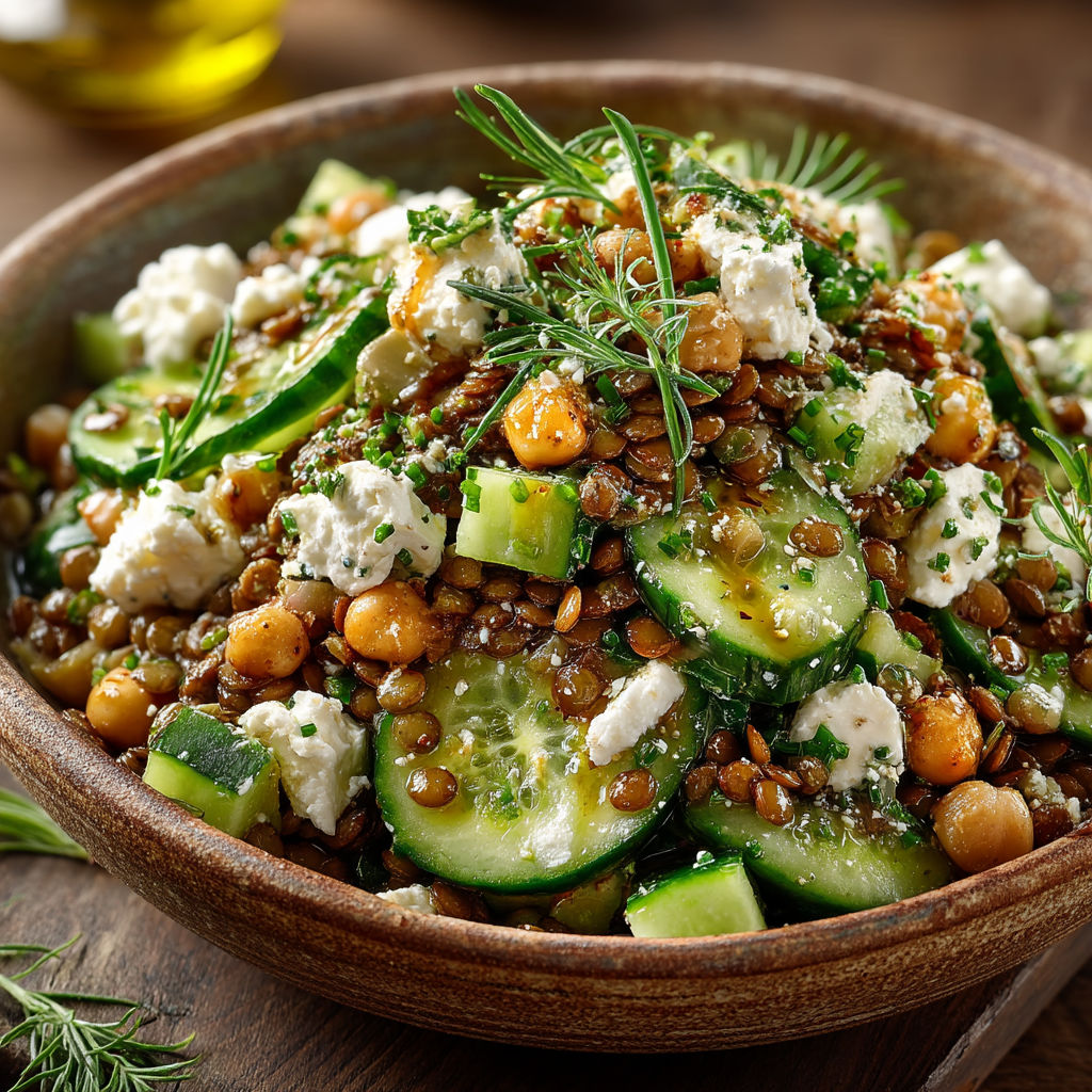 A bowl of salad with cucumbers, lentils, and feta cheese.