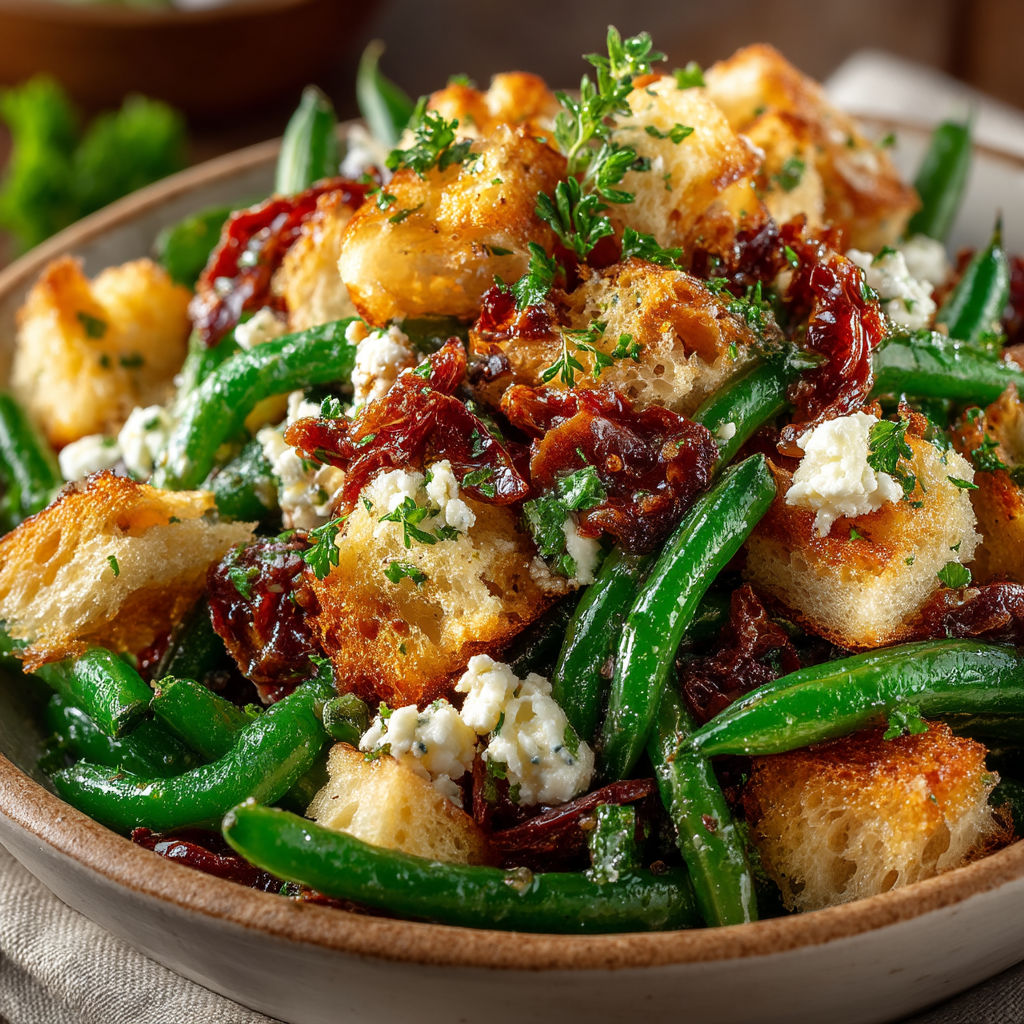 A bowl of green beans, feta cheese, and crostini.