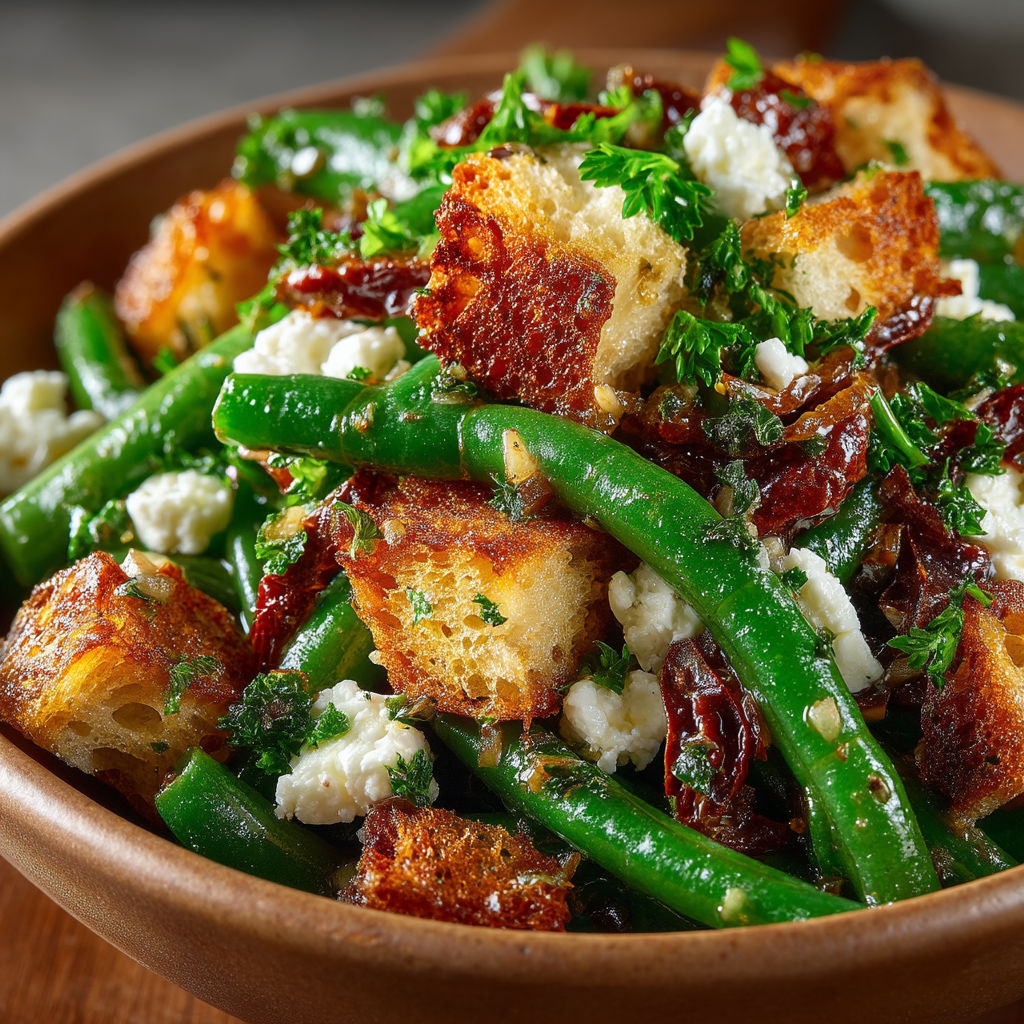 A bowl of food with green beans and bread.