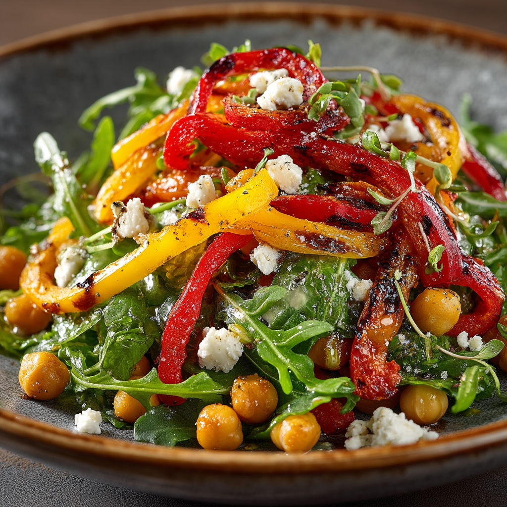 A salad with red peppers and lettuce.