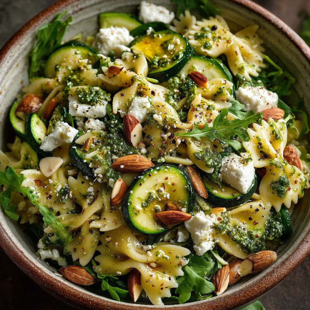 A bowl of pasta salad with zucchini, feta cheese, and herbs.
