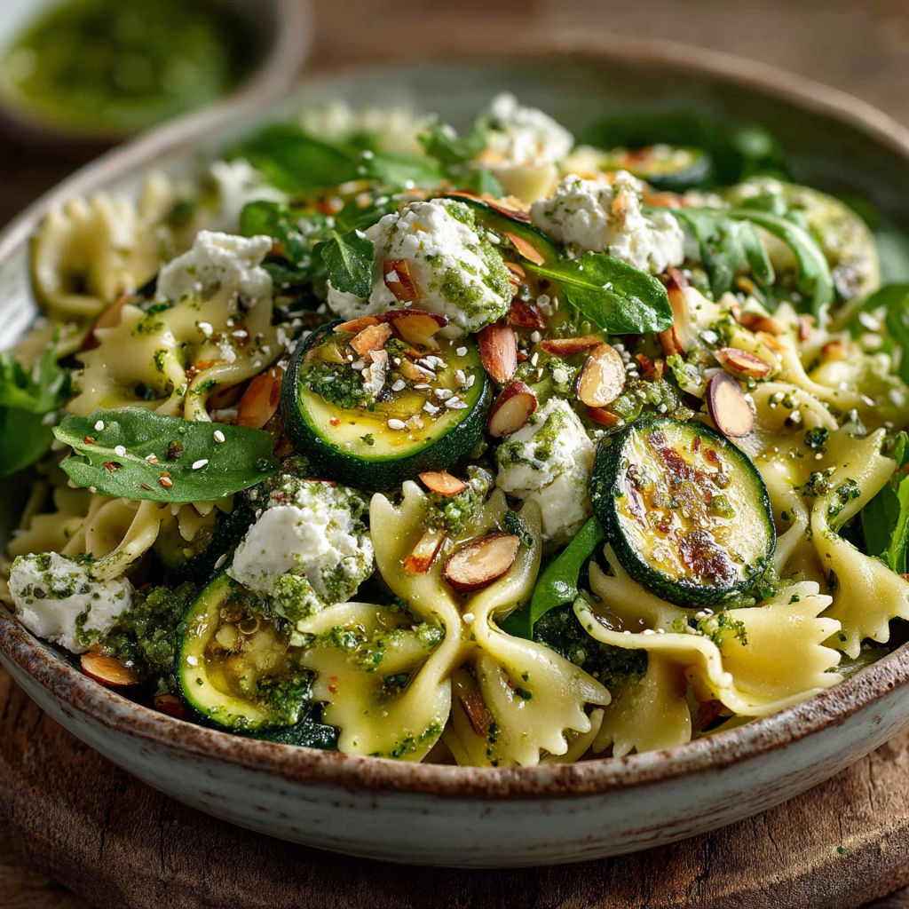 A bowl of pasta salad with zucchini, spinach, and feta cheese.