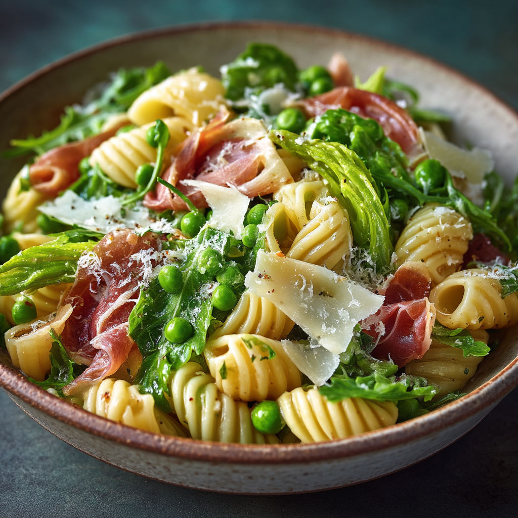 A bowl of pasta salad with peas and ham.