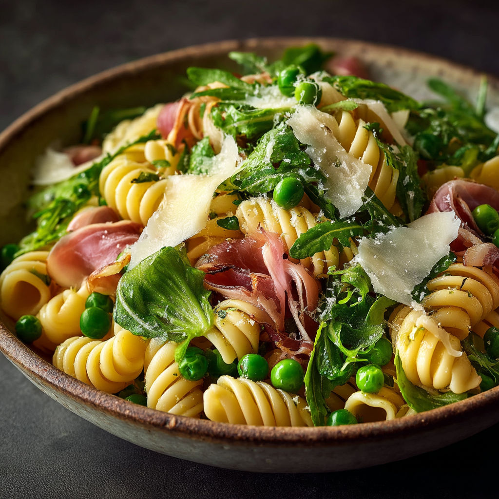 A bowl of pasta salad with peas and ham.