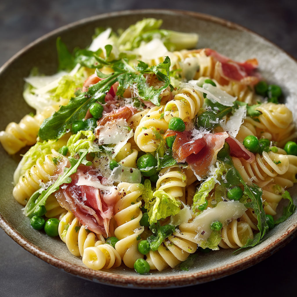 A bowl of pasta salad with peas and ham.