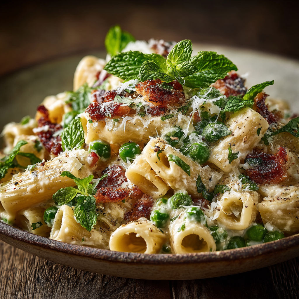A bowl of pasta with mushrooms and mint.