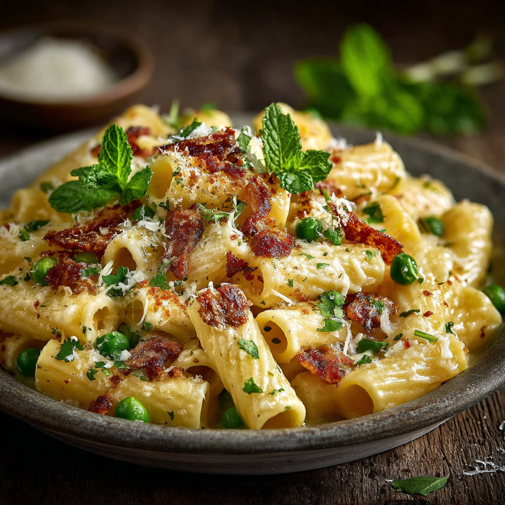 A bowl of pasta with cheese and bacon.