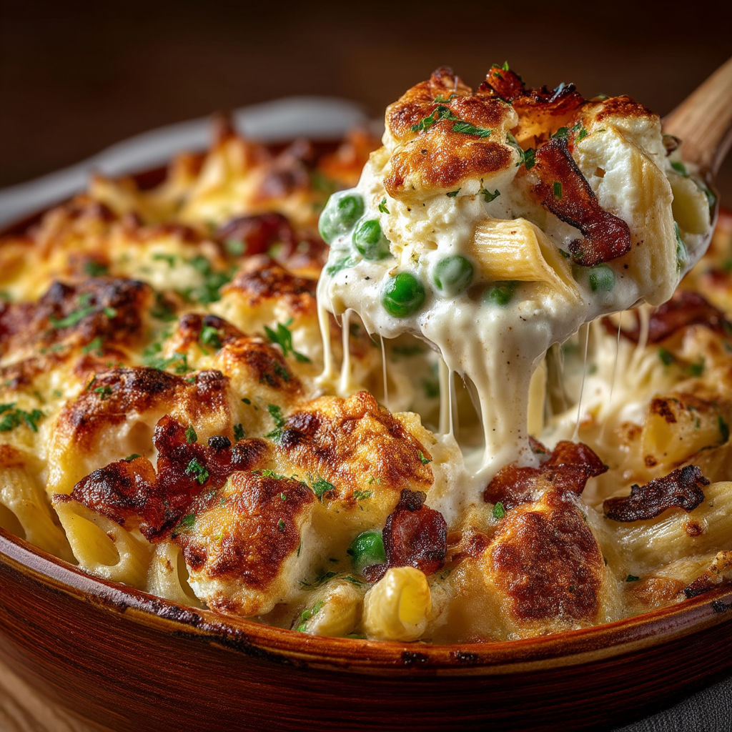 A close up of a delicious looking gratin de penne, petit pois & lard.