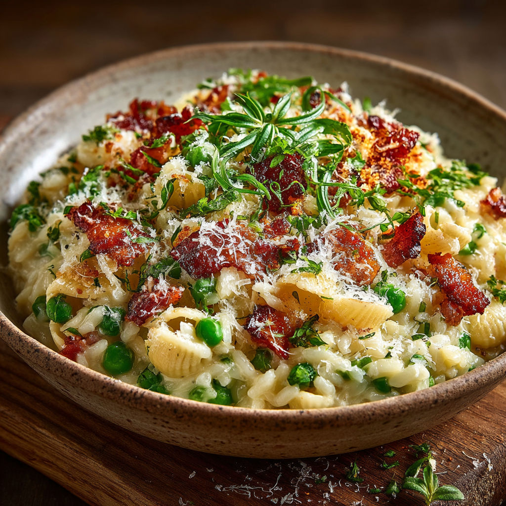 A bowl of pasta with peas and bacon.
