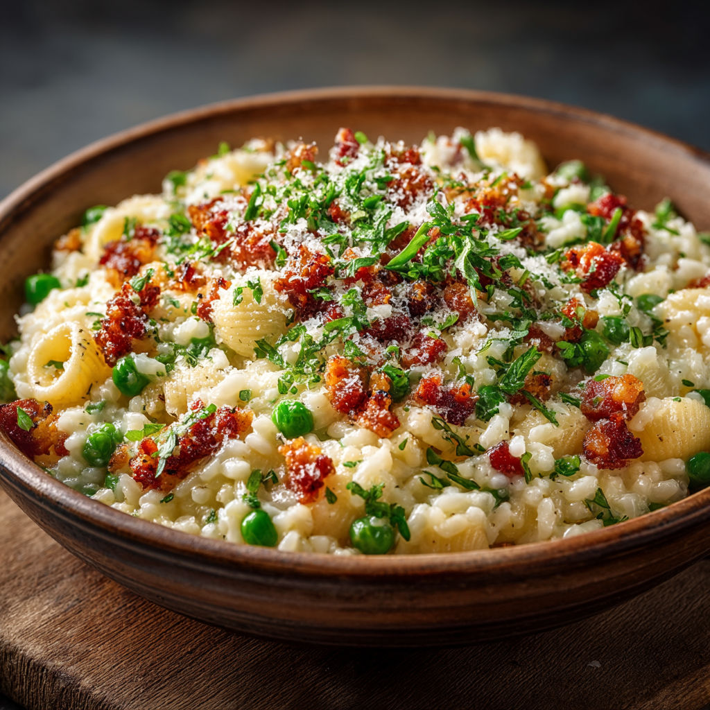 A bowl of pasta with peas and cheese.