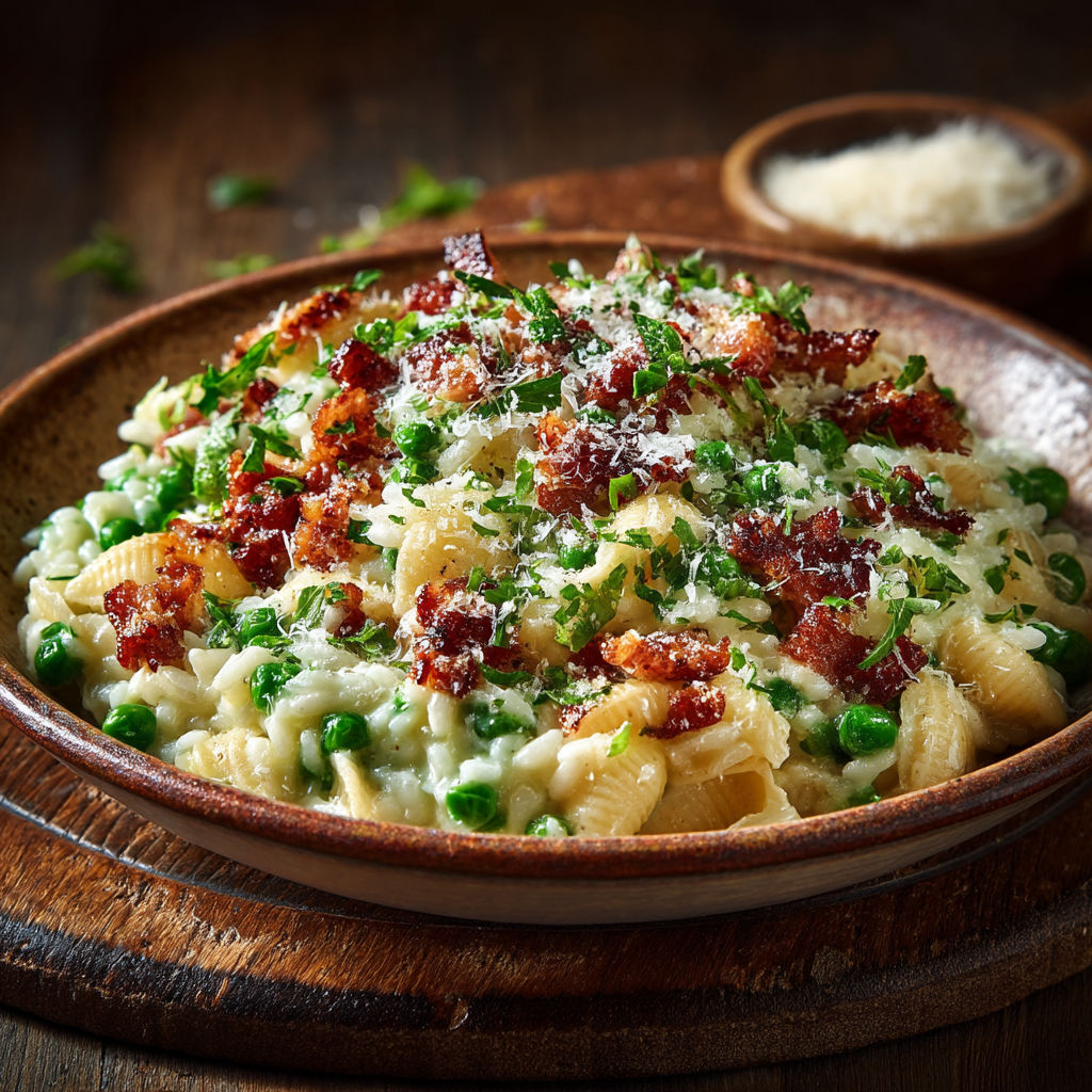 A bowl of pasta with bacon and cheese.