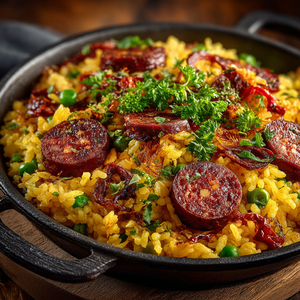 A close up of a delicious paella dish.