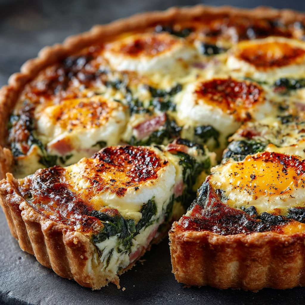 A slice of quiche chèvre, épinards & jambonull.