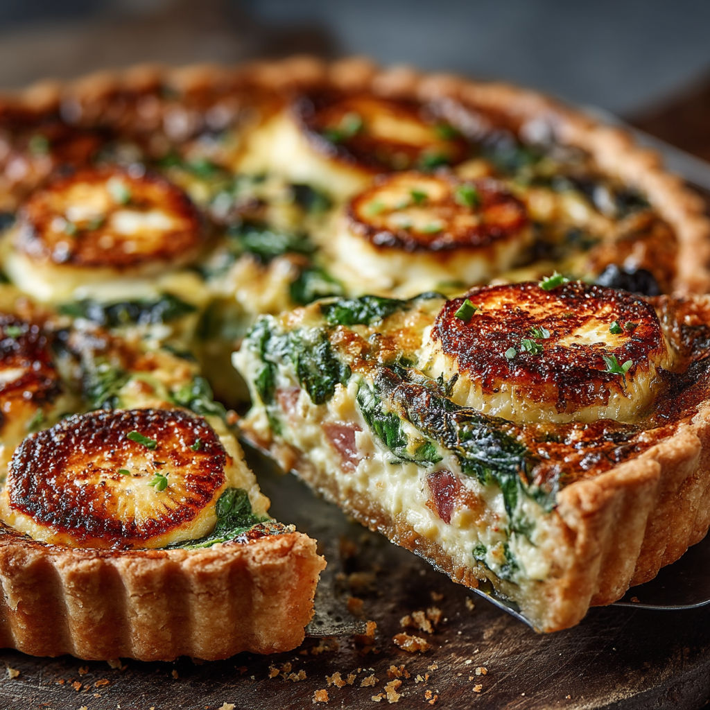 A slice of quiche with greens and cheese.