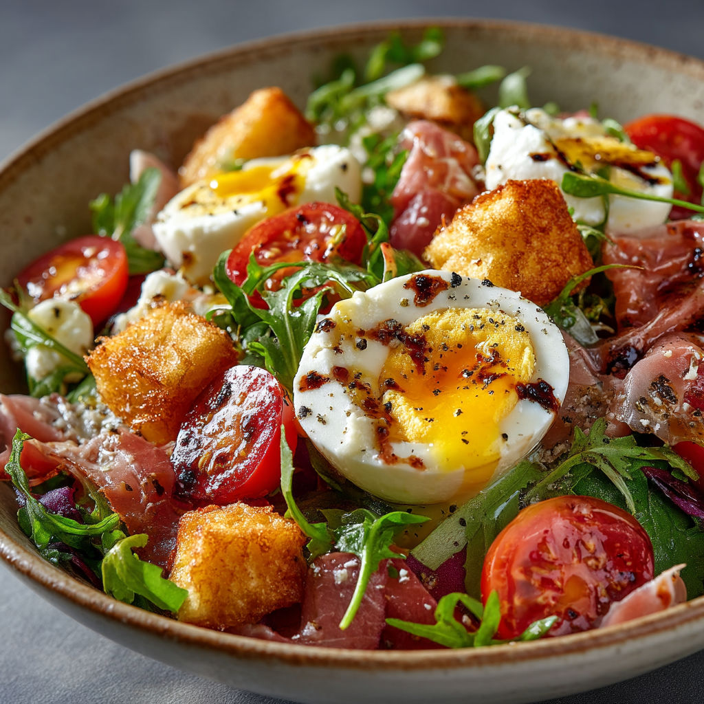 A bowl of food with eggs, tomatoes, and greens.