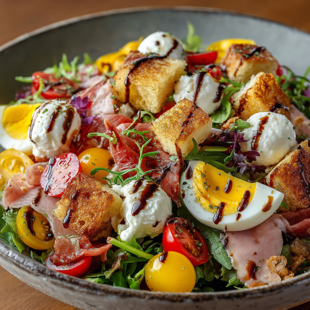 A bowl of salad with ham, eggs, tomatoes, and cheese.