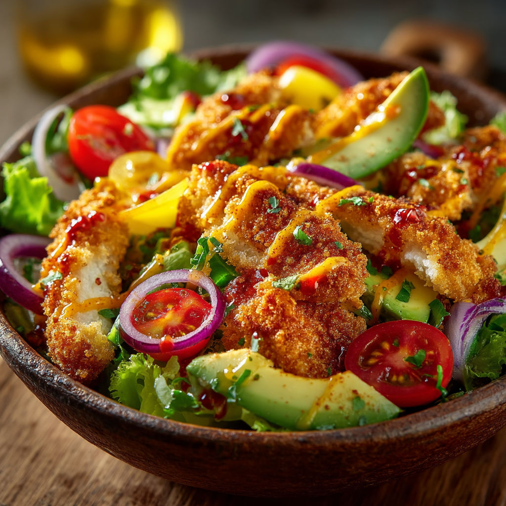 A bowl of salad with chicken and vegetables.