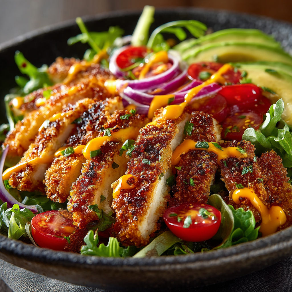 A bowl of food with chicken, tomatoes, lettuce, and avocado.