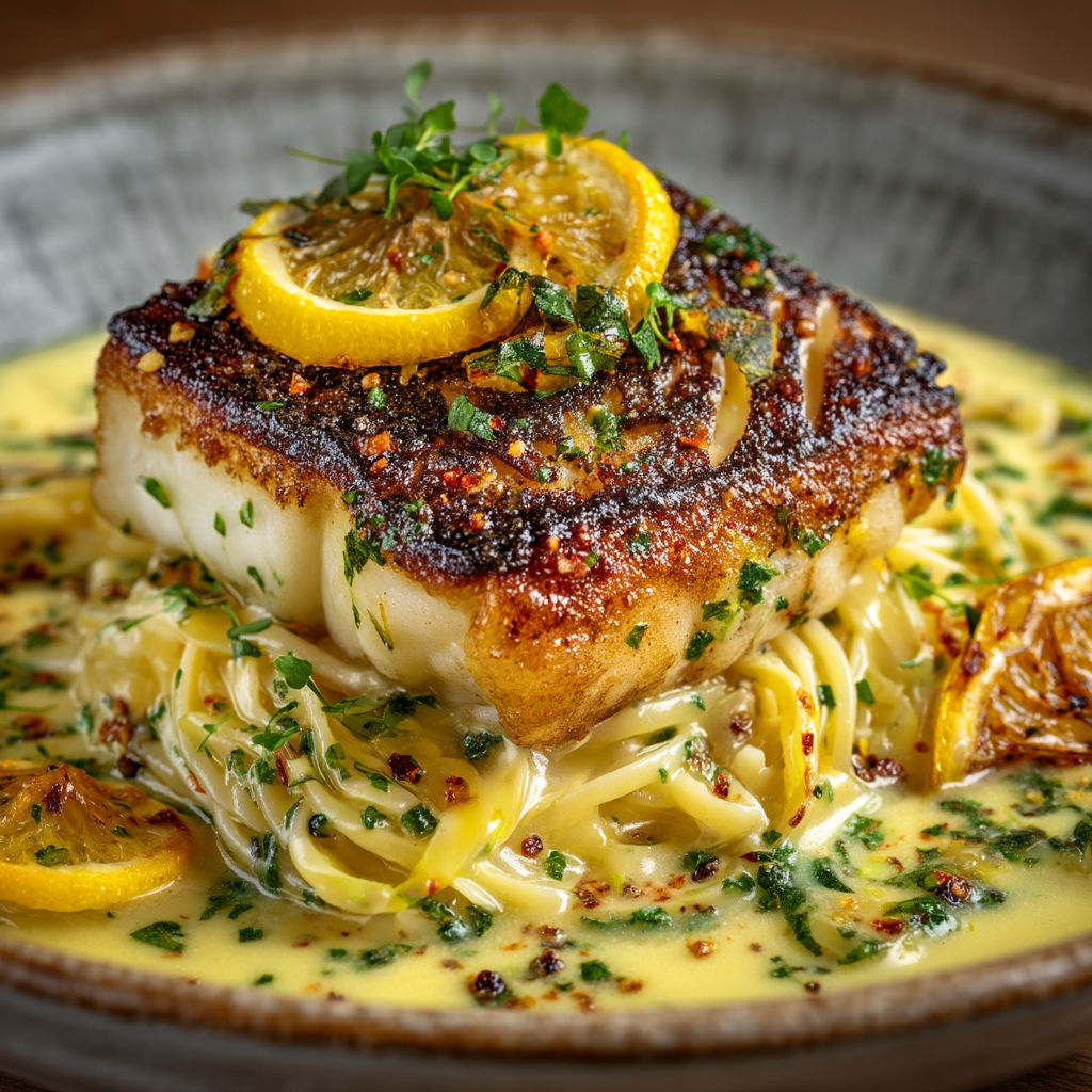 A dish of pasta with a lemon on top.