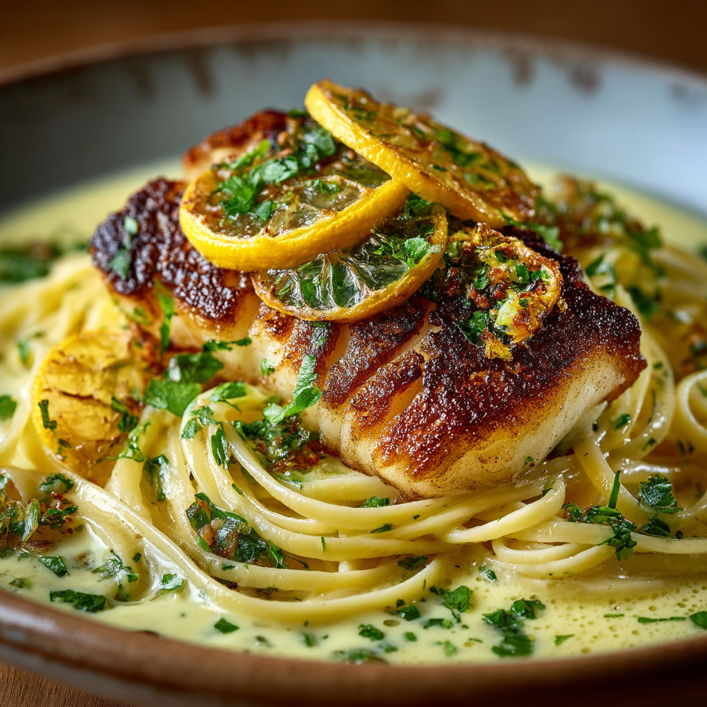 A bowl of pasta with a piece of fish on top.