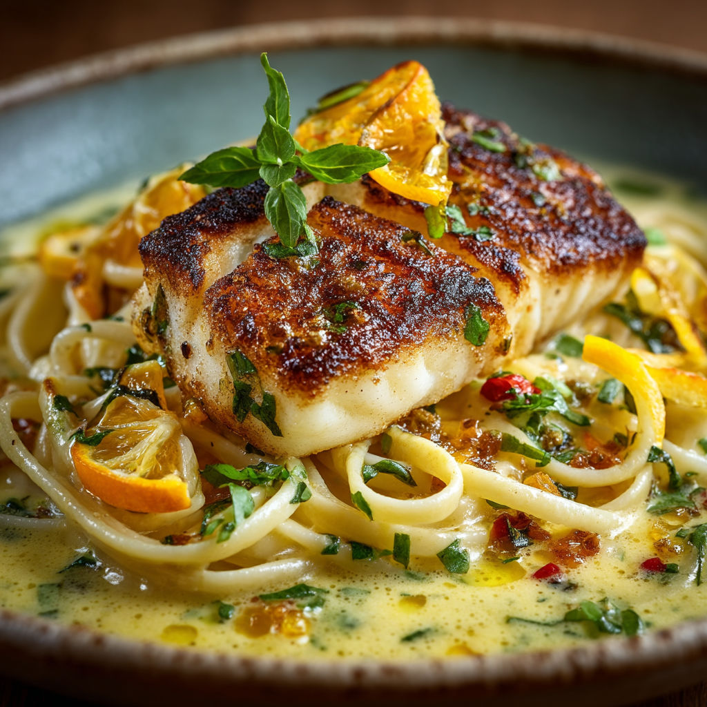 A bowl of pasta with a fish on top.