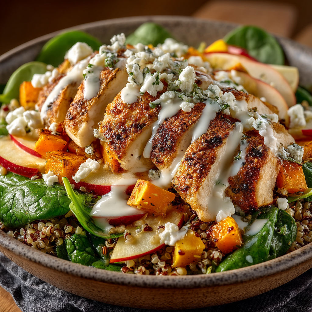 A bowl of salad with chicken, squash, and cheese.