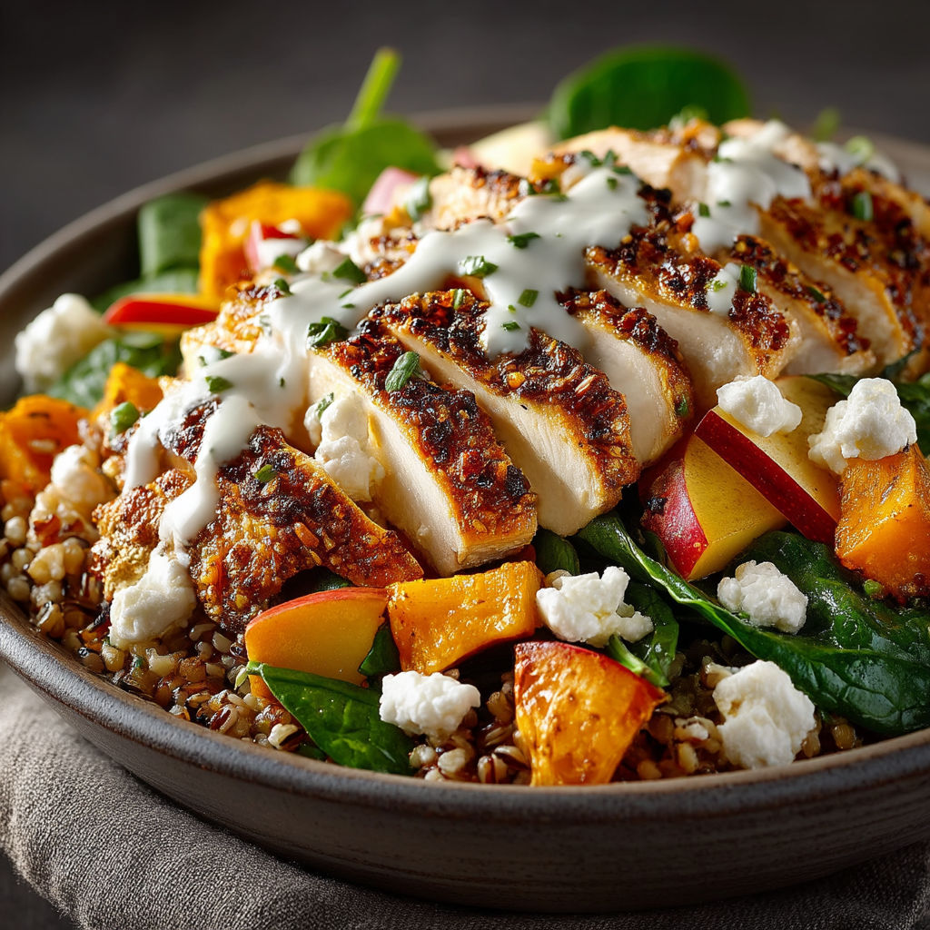 A bowl of salad with chicken, squash, and cheese.