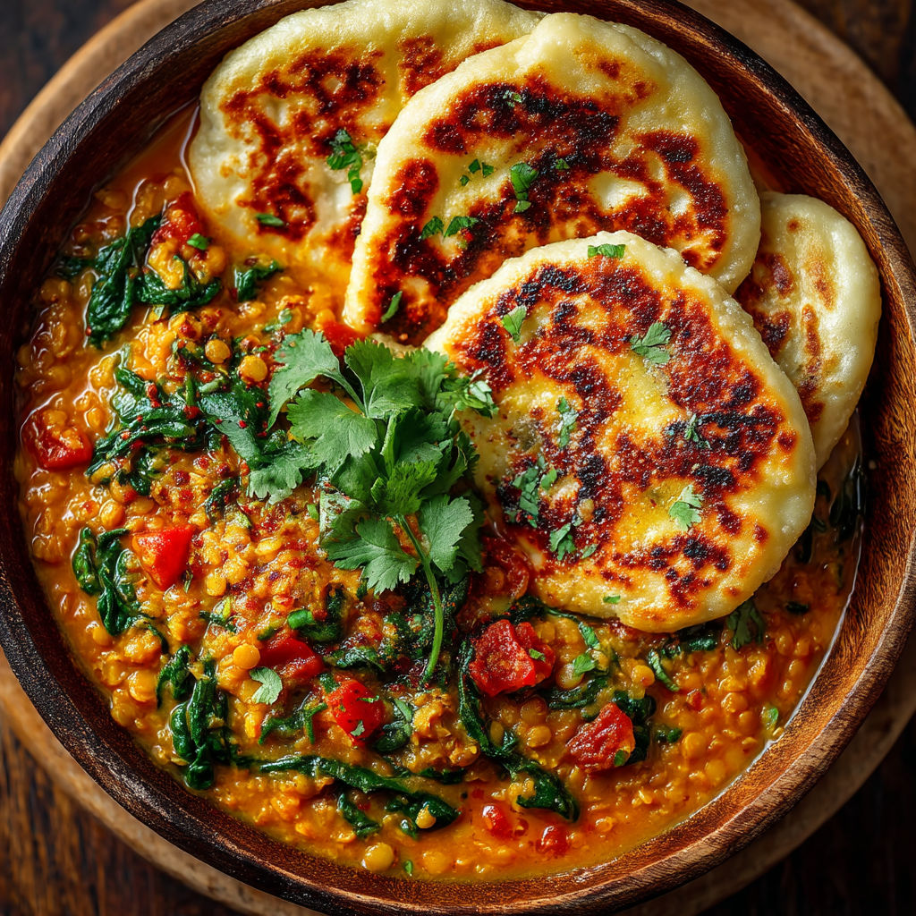 A bowl of food with a green vegetable on top.
